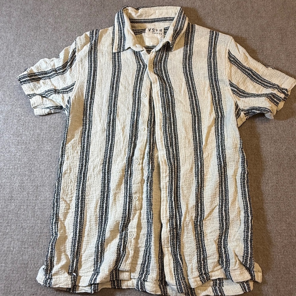 VSTR Mens Crochet Button down Shirt Large Short Sleeve India Blue Stripes